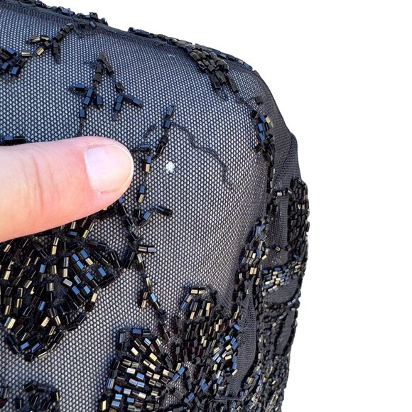 Oleg Cassini Black Tie Vintage Black‎ Beaded Evening Gown Sheer Floral Dress - Picture 6 of 14